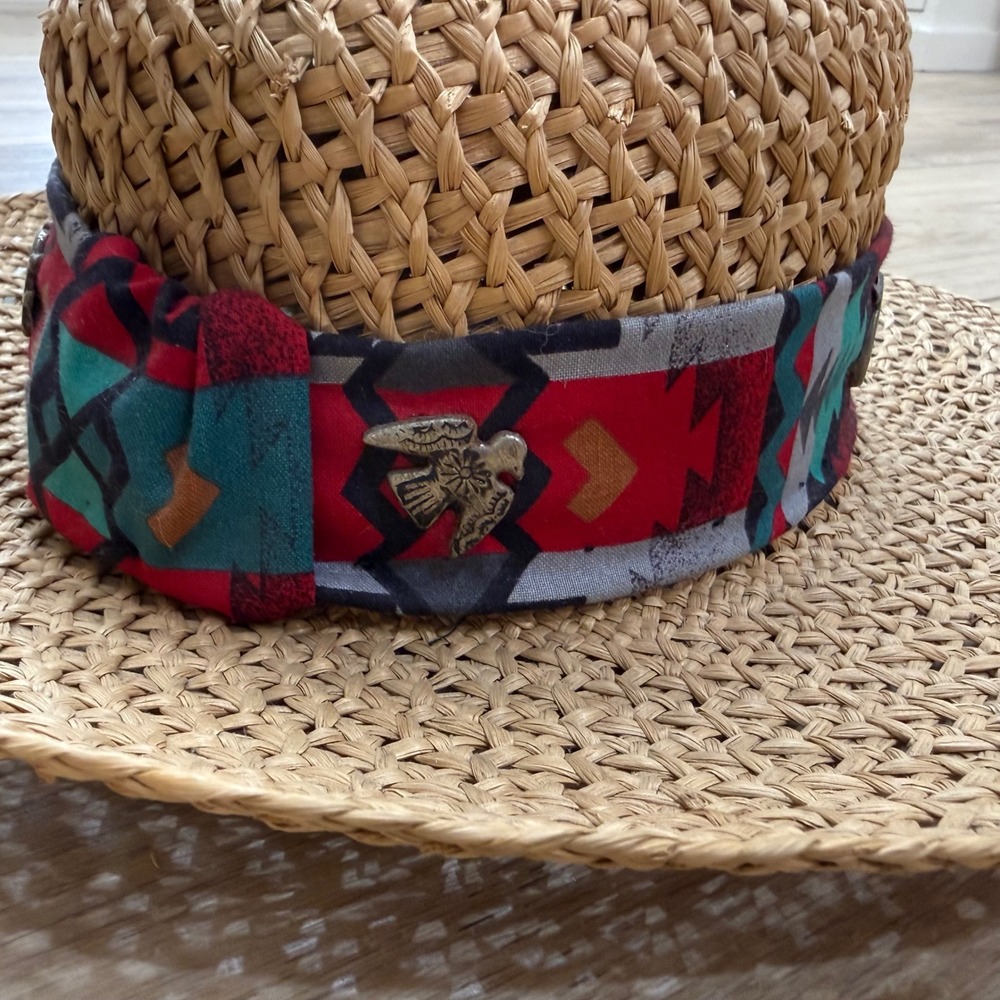 Vintage Southwestern Straw Boater Sun Hat Wide Brim Boho Charms Small 21in - Picture 3 of 13